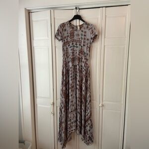 RAGA Gray Geometric Printed Maxi Dress with pearl effect buttons size XS